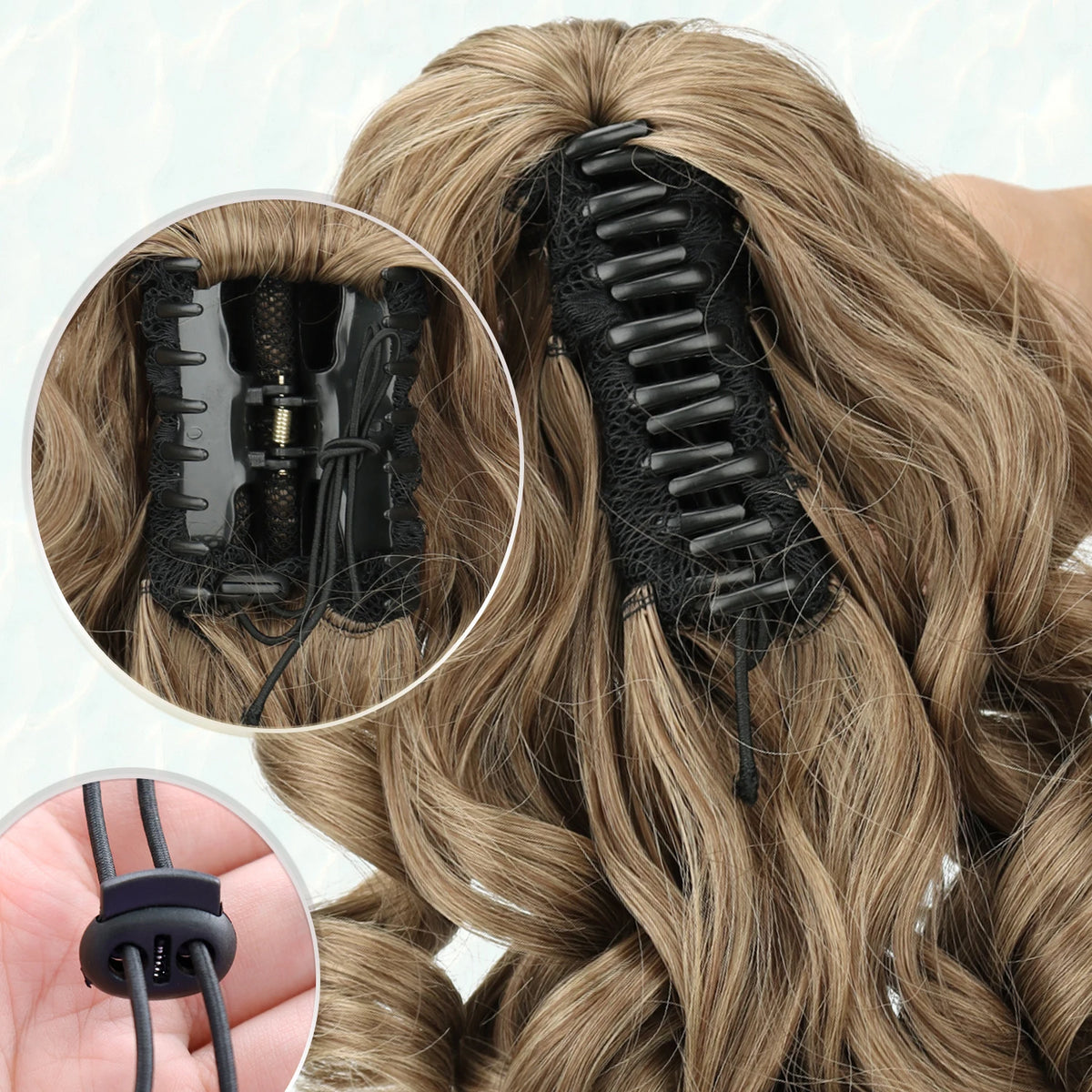 A close-up view of a black claw clip ponytail extension being installed in long, wavy blonde hair.