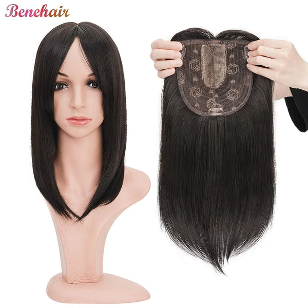 A model displays a straight black hair topper with bangs, designed for volume and coverage.