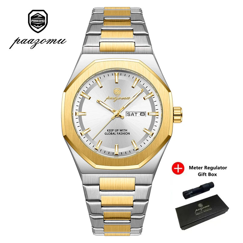 A silver and gold-toned watch with a stainless steel bracelet and a gift box is displayed.