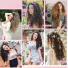 A collage showing various styles of long curly hair extensions for party, daily, travel, and wedding looks.