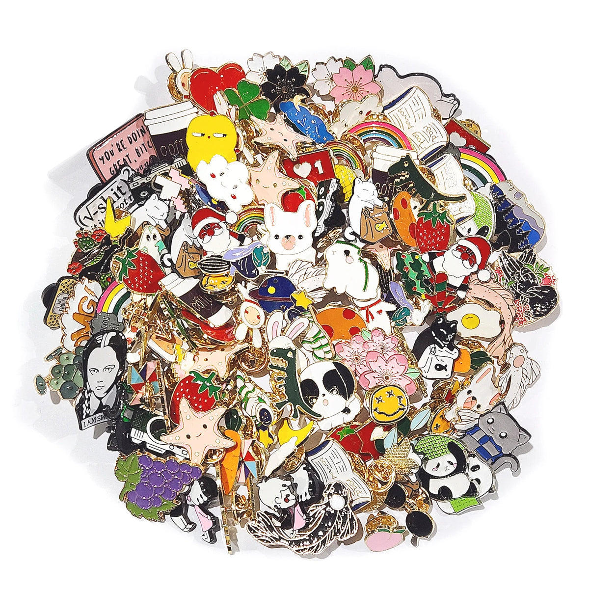 A pile of 50 cute random fashion pins and badges featuring various characters and designs.