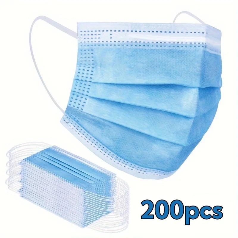 A pack of 200 light blue disposable medical face masks for adult protection