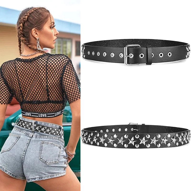 Black leather goth punk belt with silver bullet studs shown on a model.