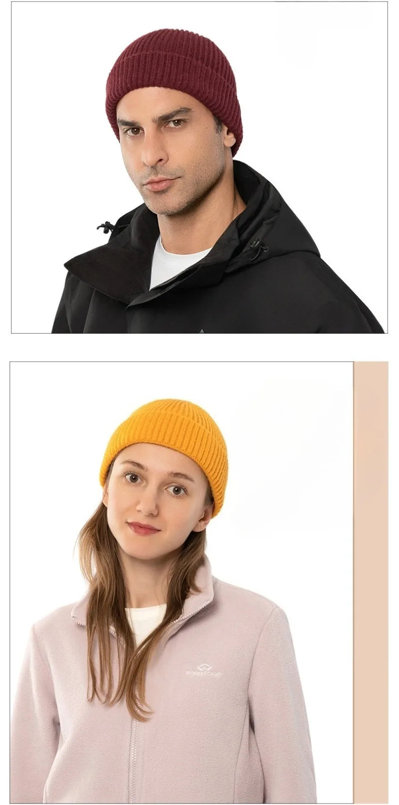 A woman wearing a light pink knitted jacket and a beige beanie cap.
