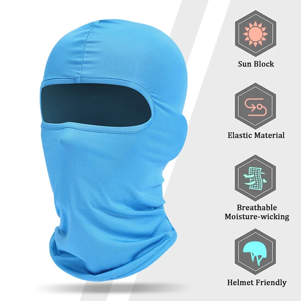 A bright blue tactical full face balaclava shown with features like sun block, elastic material, moisture-wicking, and helmet