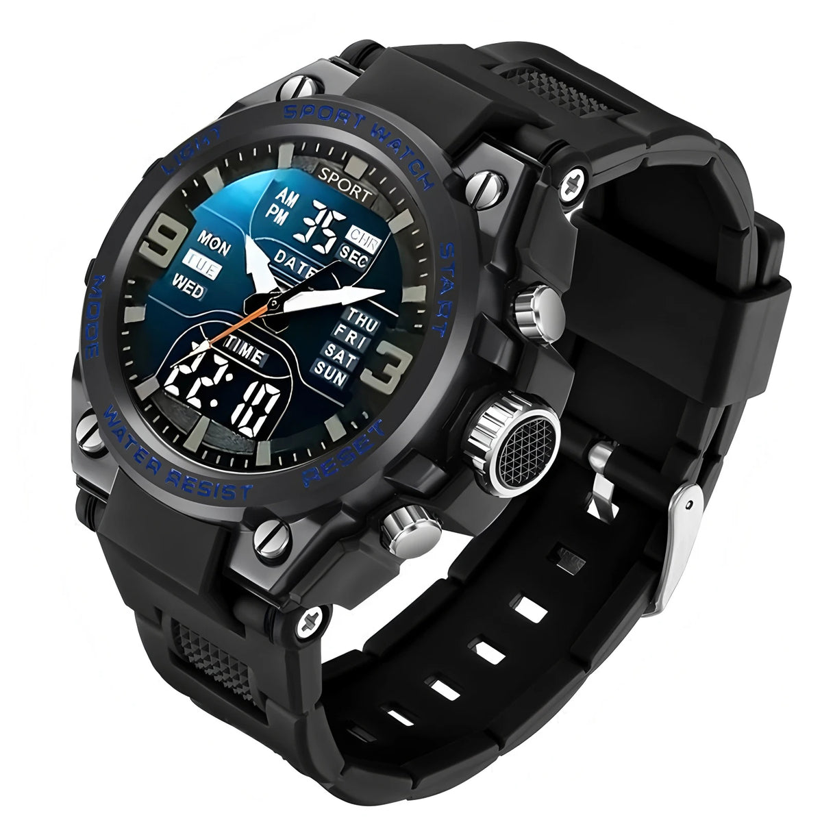 A black multi-function digital wristwatch with a round display showing time, date, and day, set against a dark background.