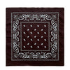 Dark brown fabric with white paisley embroidery forming a decorative border and central square pattern.