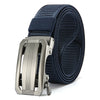 A close-up of a dark blue tactical canvas utility belt with a silver buckle.