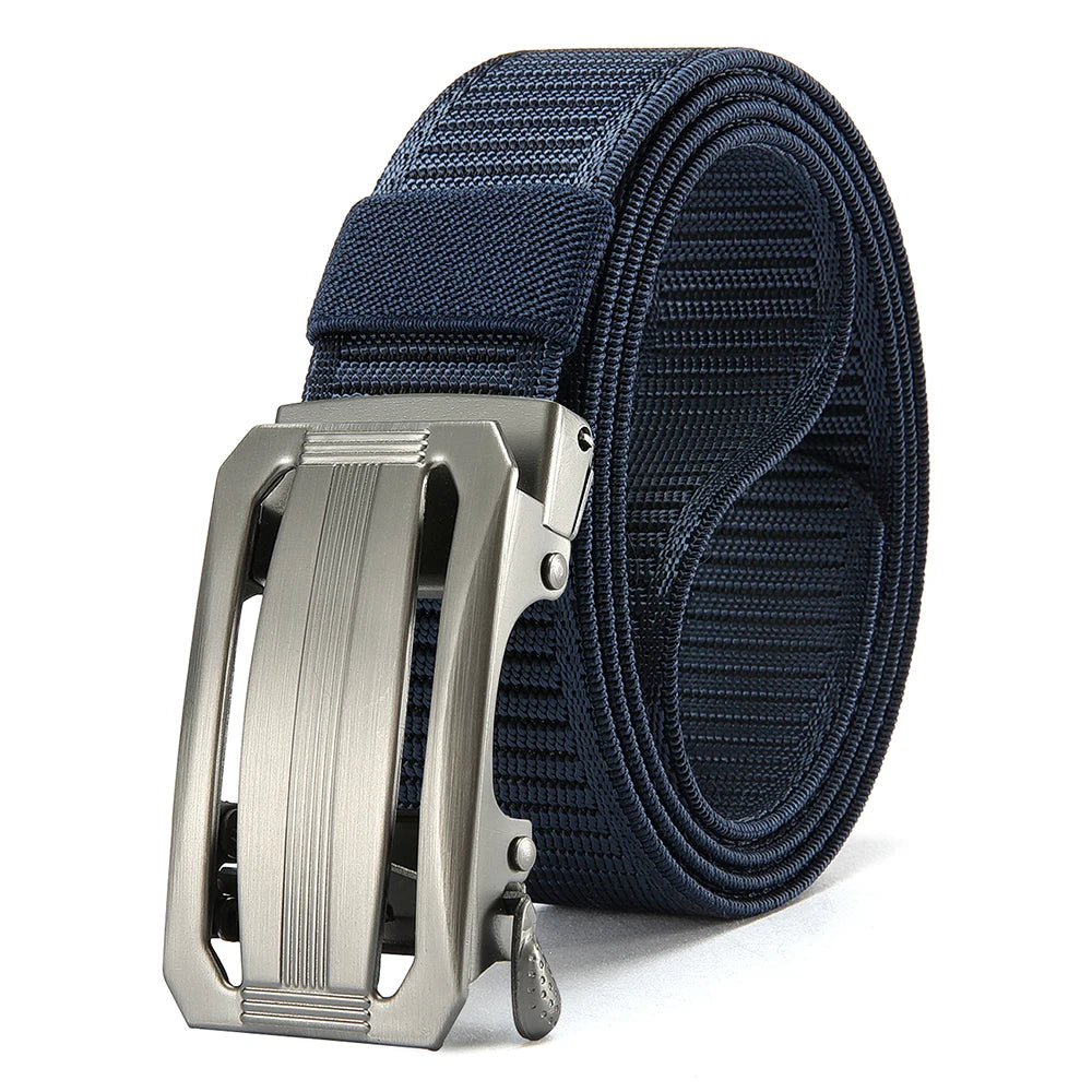 A close-up of a dark blue tactical canvas utility belt with a silver buckle.