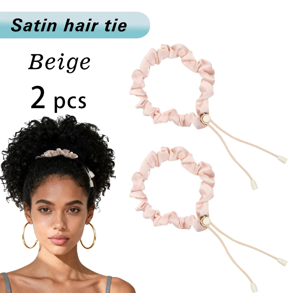 A pair of beige satin hair ties or scrunchies are shown next to a woman with curly hair.
