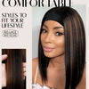 A woman models a straight brown ombre bob wig with bangs and a black headband, shown in a close-up portrait.
