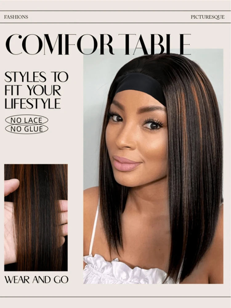 A woman models a straight brown ombre bob wig with bangs and a black headband, shown in a close-up portrait.