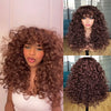 A woman models a reddish-brown curly wave wig with bangs shown in three different angles.