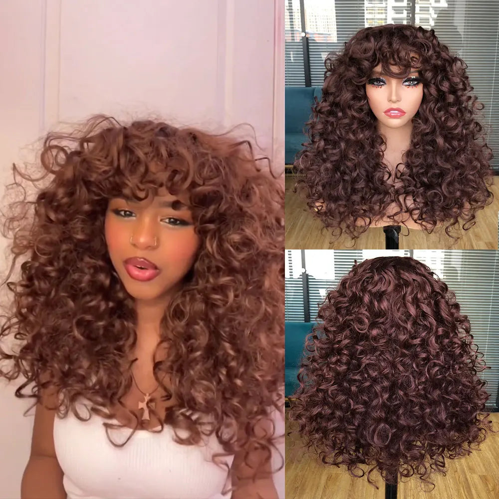 A woman models a reddish-brown curly wave wig with bangs shown in three different angles.
