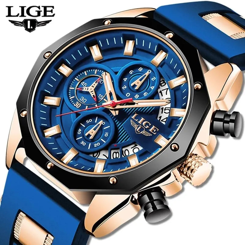 A close-up view of a blue and gold men's luxury quartz sport watch with a chronograph function.