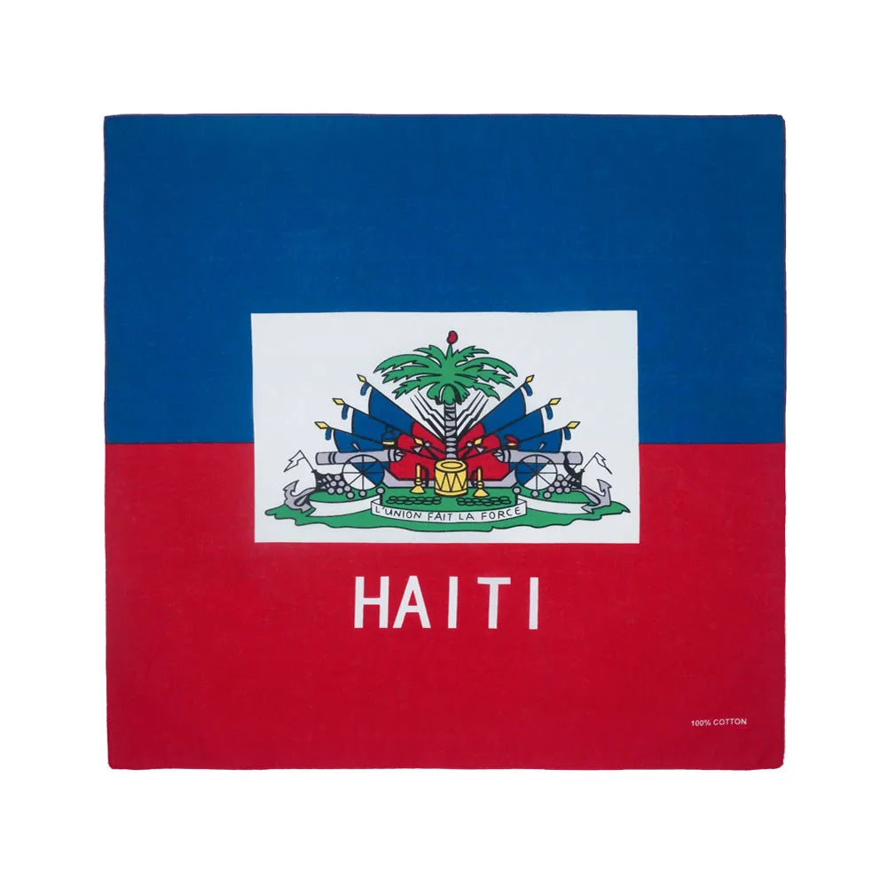 Quadratisches Stoffstück mit der Flagge Haitis: rote Hintergrund und weißes Emblem.