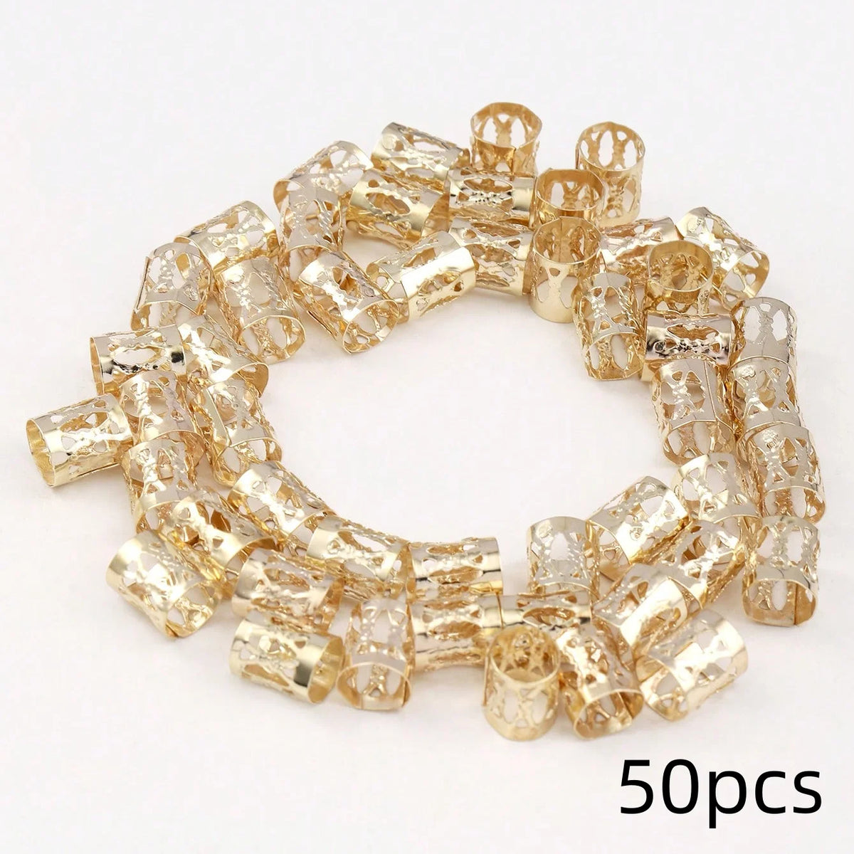 A set of 50 small, gold-colored metal hair rings and clips.
