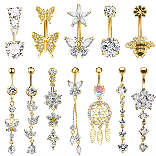 A collection of gold butterfly heart dangled belly button rings and related jewelry pieces.