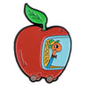 A red apple enamel pin featuring a stylized orange-colored fruit inside.