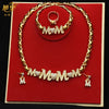 A gold heart crystal jewelry set featuring a necklace and earrings displayed on a red velvet background.