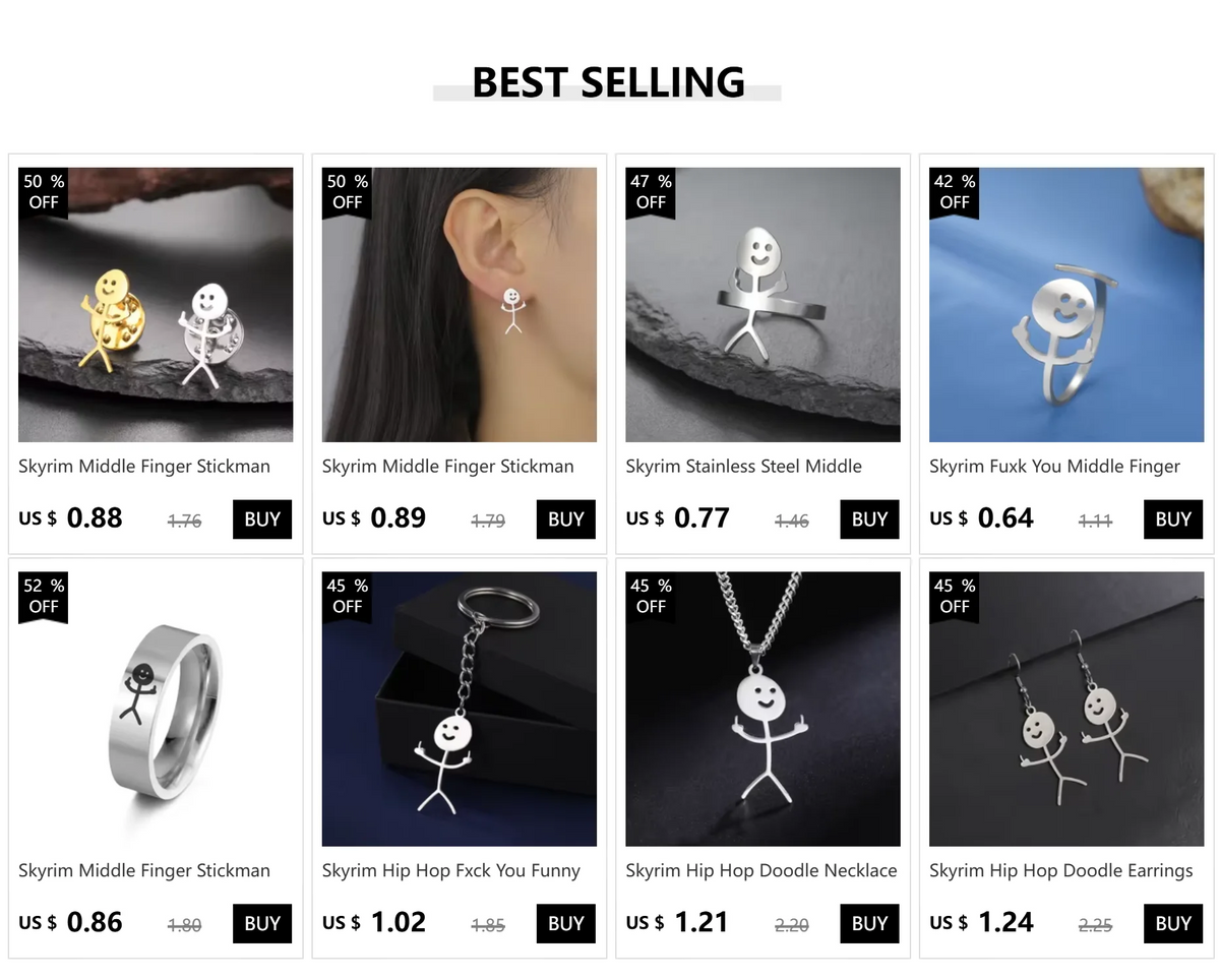 A collection of Skyrim Middle Finger Stickman and Hip Hop Fuck You Funny Stickman jewelry items.