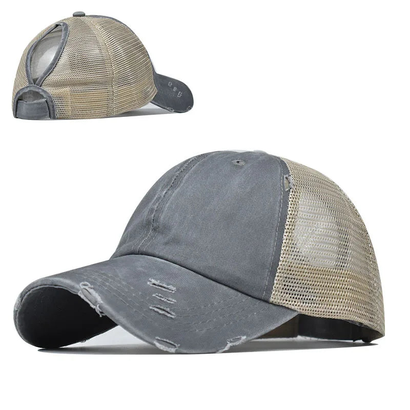 A vintage mesh baseball cap shown in two views, one closed and one open.