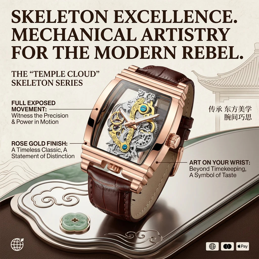 Reloj mecánico esqueleto tono oro rosa de una serie, mostrado en una bandeja de cuero.