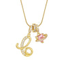 Gold letter pendant necklace featuring an ornate initial charm and a pink gemstone.