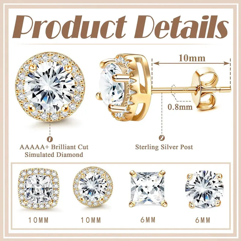 A set of simulated diamond stud earrings in 18K gold plated, featuring various sizes and cuts.