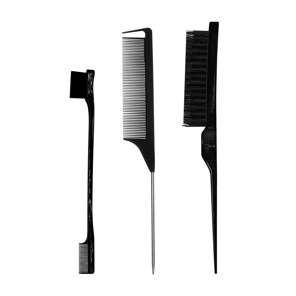 A set of black professional pointed tail hair comb and styling brush.