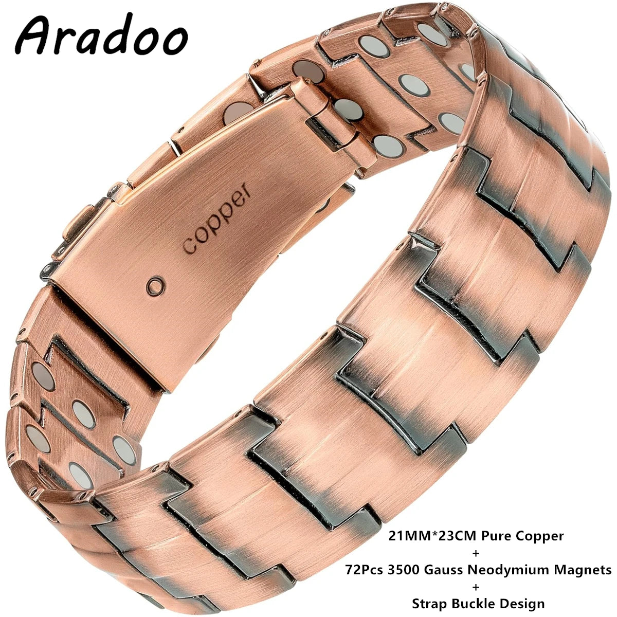 A copper magnetic bracelet featuring a strap buckle design and neodymium magnets.