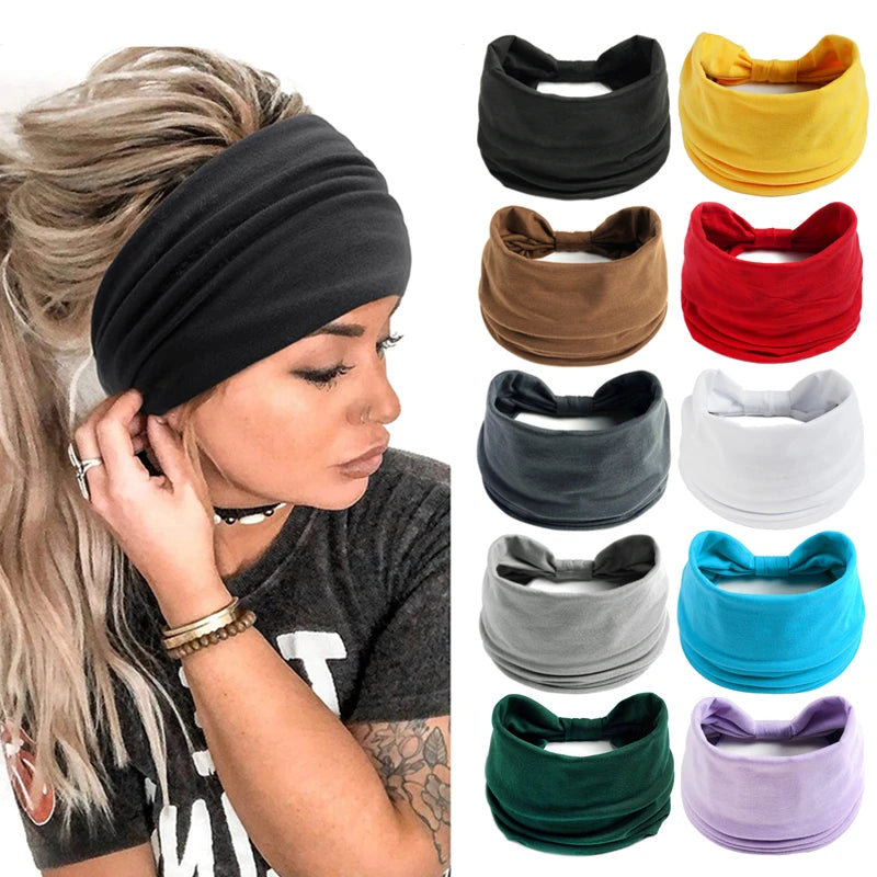 A collection of black, yellow, red, and gray boho knot headwraps for women displayed next to a woman wearing a black headwrap