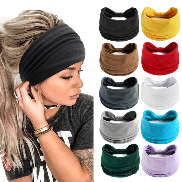 A collection of black, yellow, red, and gray boho knot headwraps for women displayed next to a woman wearing a black headwrap