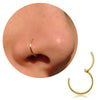 Nahaufnahme eines chirurgischen Edelstahl-Nasen-H loops und eines separaten goldfarbenen Nasen-H loops.