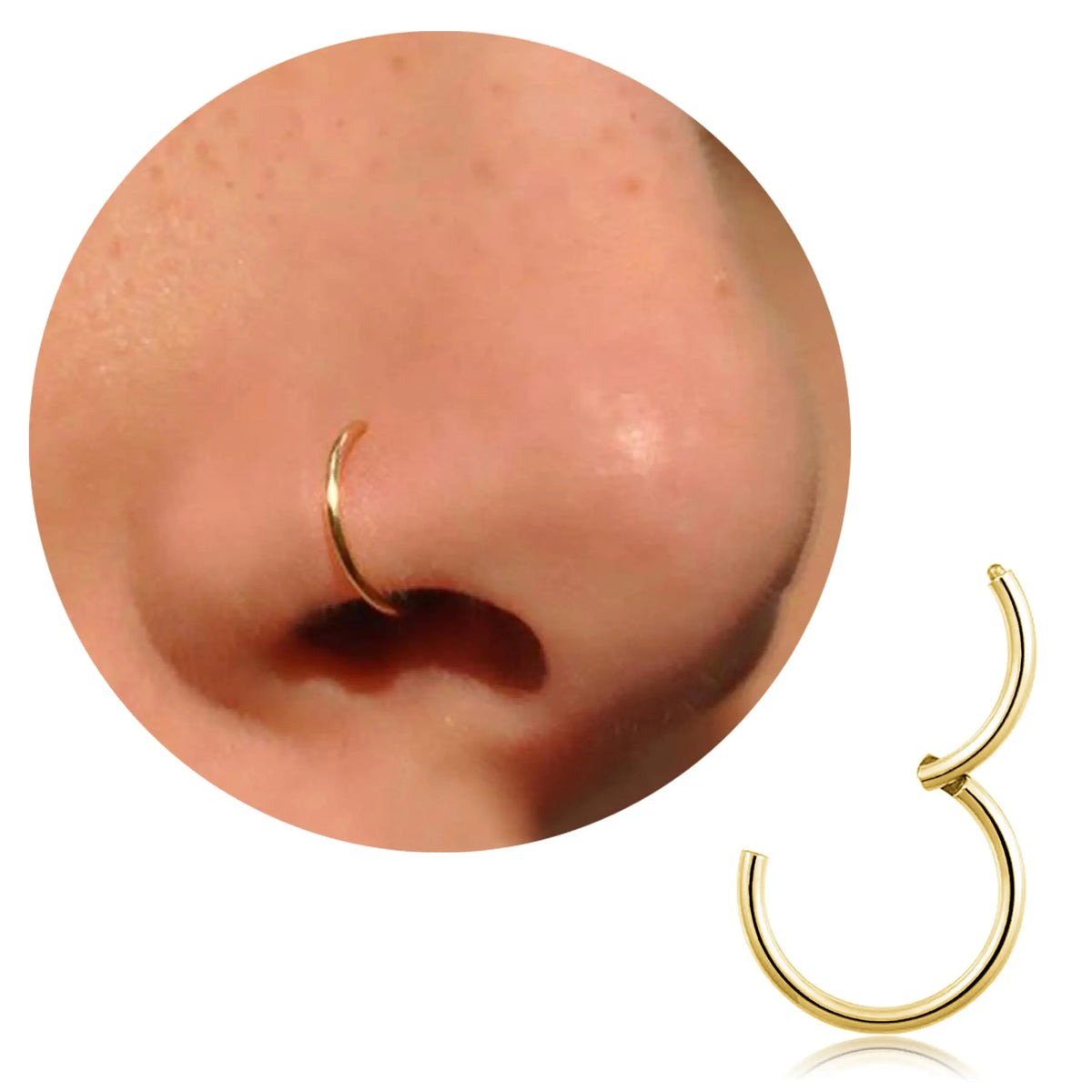Nahaufnahme eines chirurgischen Edelstahl-Nasen-H loops und eines separaten goldfarbenen Nasen-H loops.