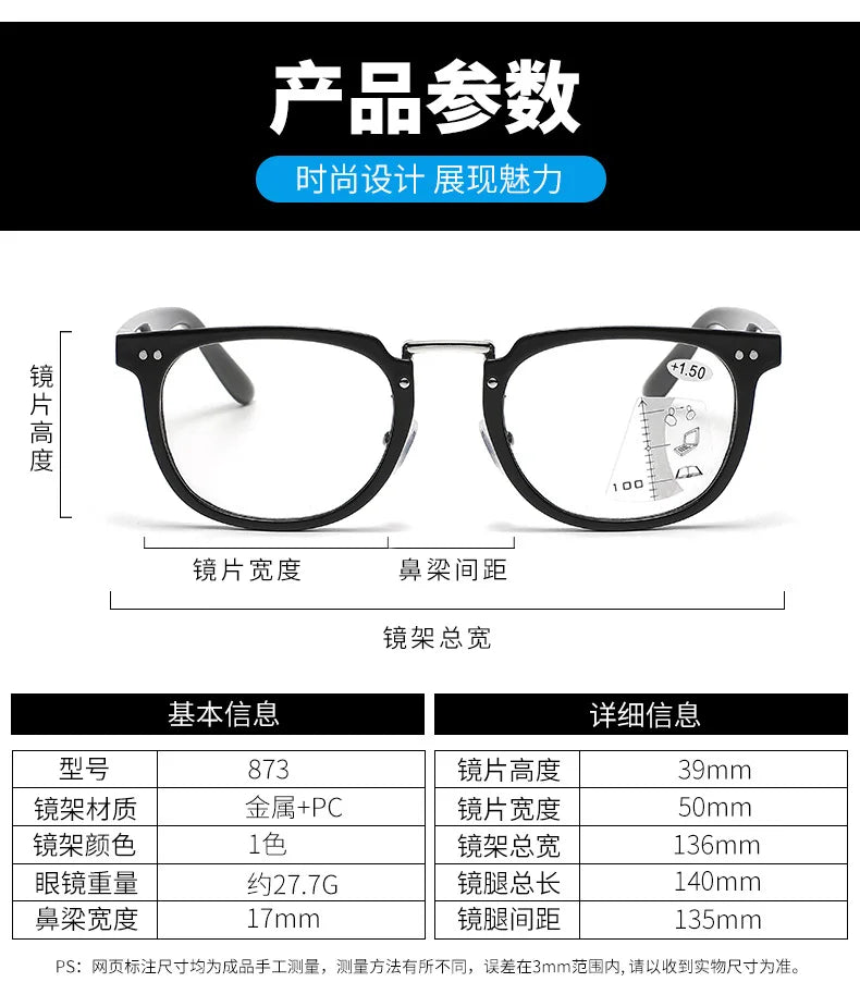 A set of black multifocal reading glasses with a silver frame and clear lenses shown for product specifications.