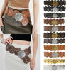 A collection of vintage PU disc belts with metal buckles in various shades of brown, silver, and black.