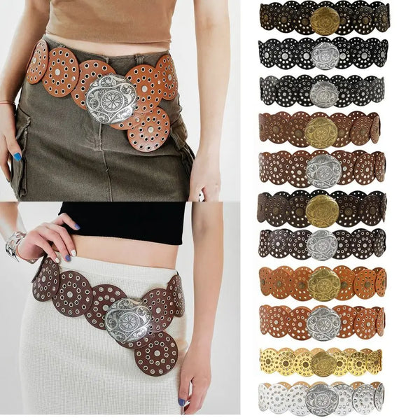 A collection of vintage PU disc belts with metal buckles in various shades of brown, silver, and black.