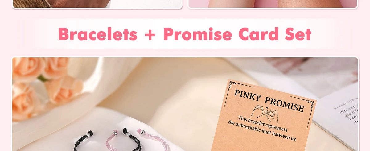 Pinky promise love knot bracelets and a promise card set displayed on a light background.
