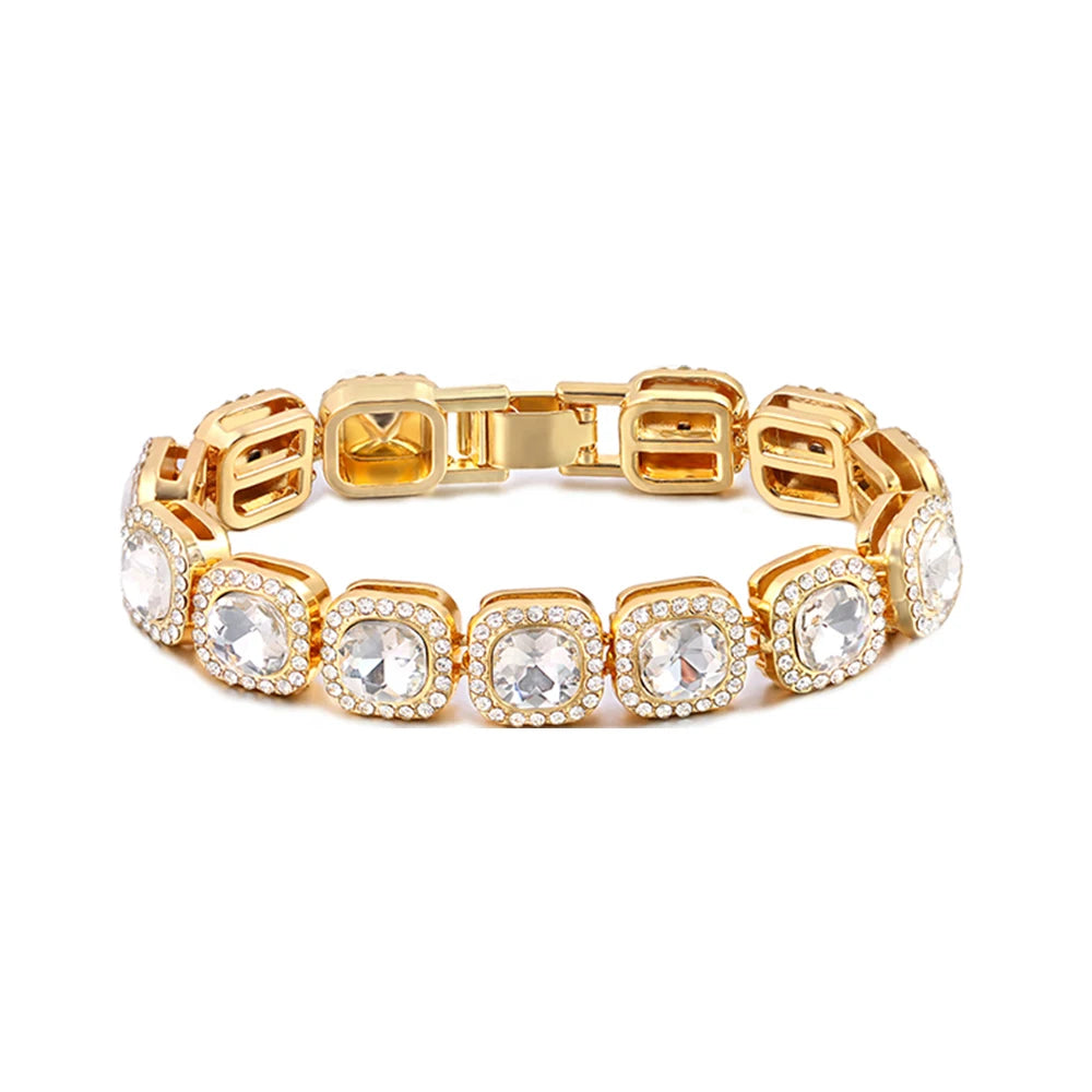 Gold iced out rhinestone Cuban chain bracelets featuring square and round clear stones