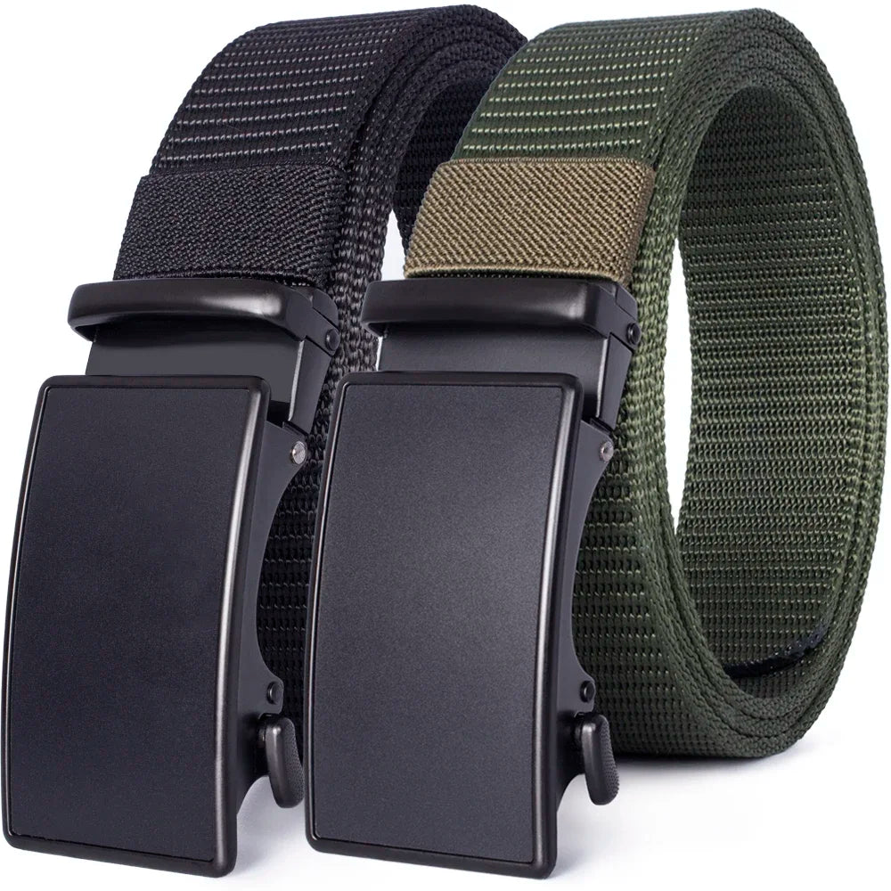 A black tactical canvas utility belt with a black buckle and a green nylon strap is shown.