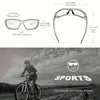Diagrams and a person riding a bicycle with polarized sports sunglasses in an outdoor setting.