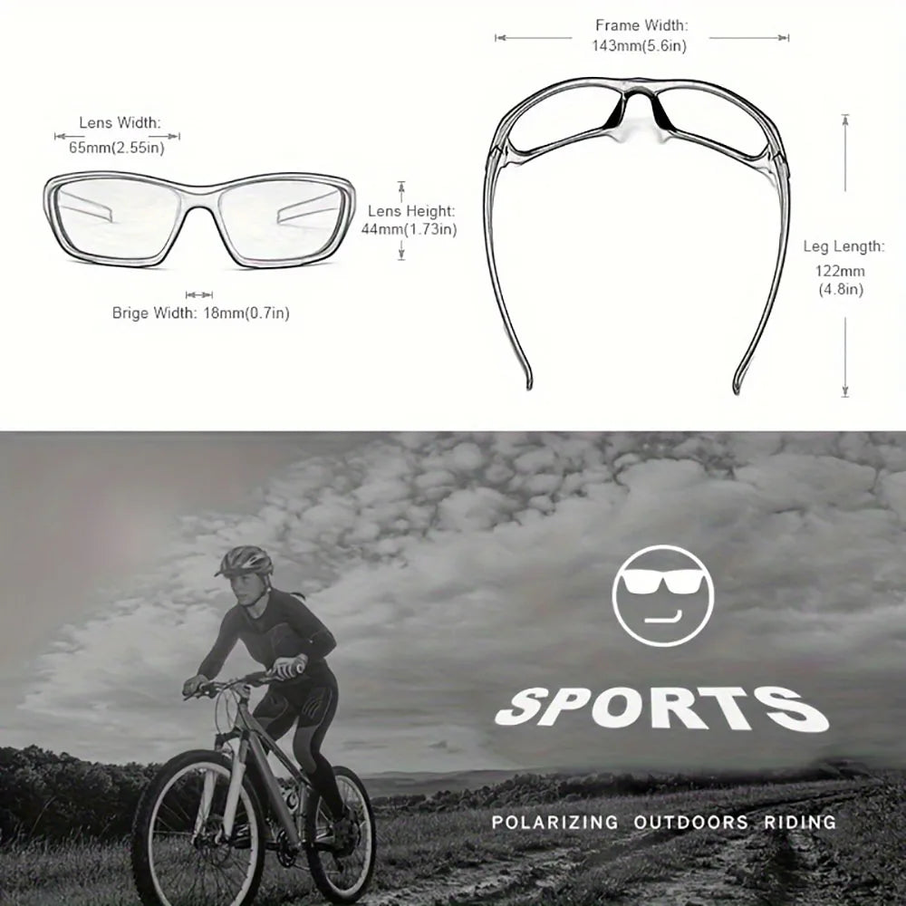Diagrams and a person riding a bicycle with polarized sports sunglasses in an outdoor setting.