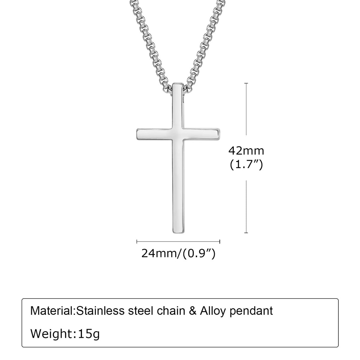 Colgante de cruz de acero inoxidable plateado con cadena y colgante, mostrado contra fondo blanco.