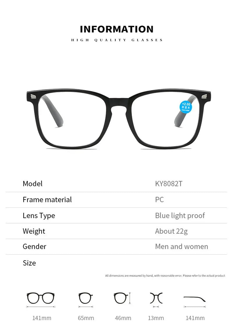 Un par de gafas de lectura rectangulares negras con marcos finos y lentes transparentes.