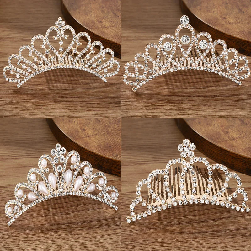 A set of sparkling crystal princess tiara hair combs for women shown in various angles on a wooden surface.