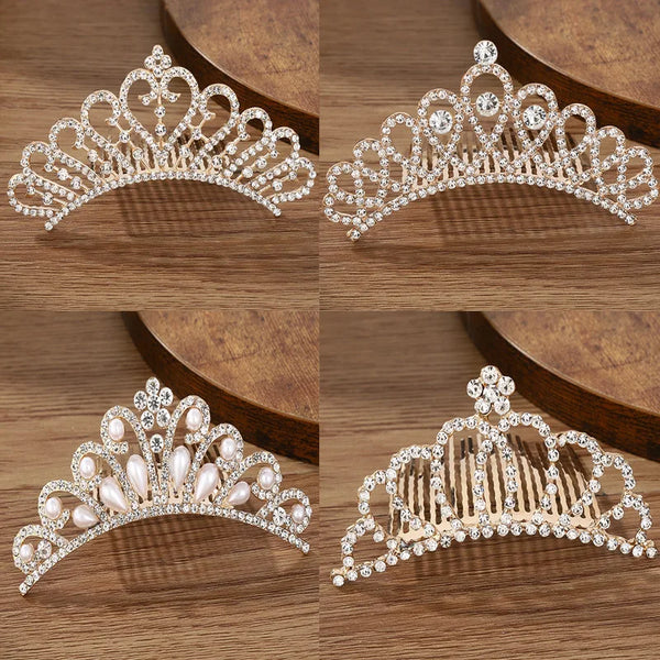 A set of sparkling crystal princess tiara hair combs for women shown in various angles on a wooden surface.