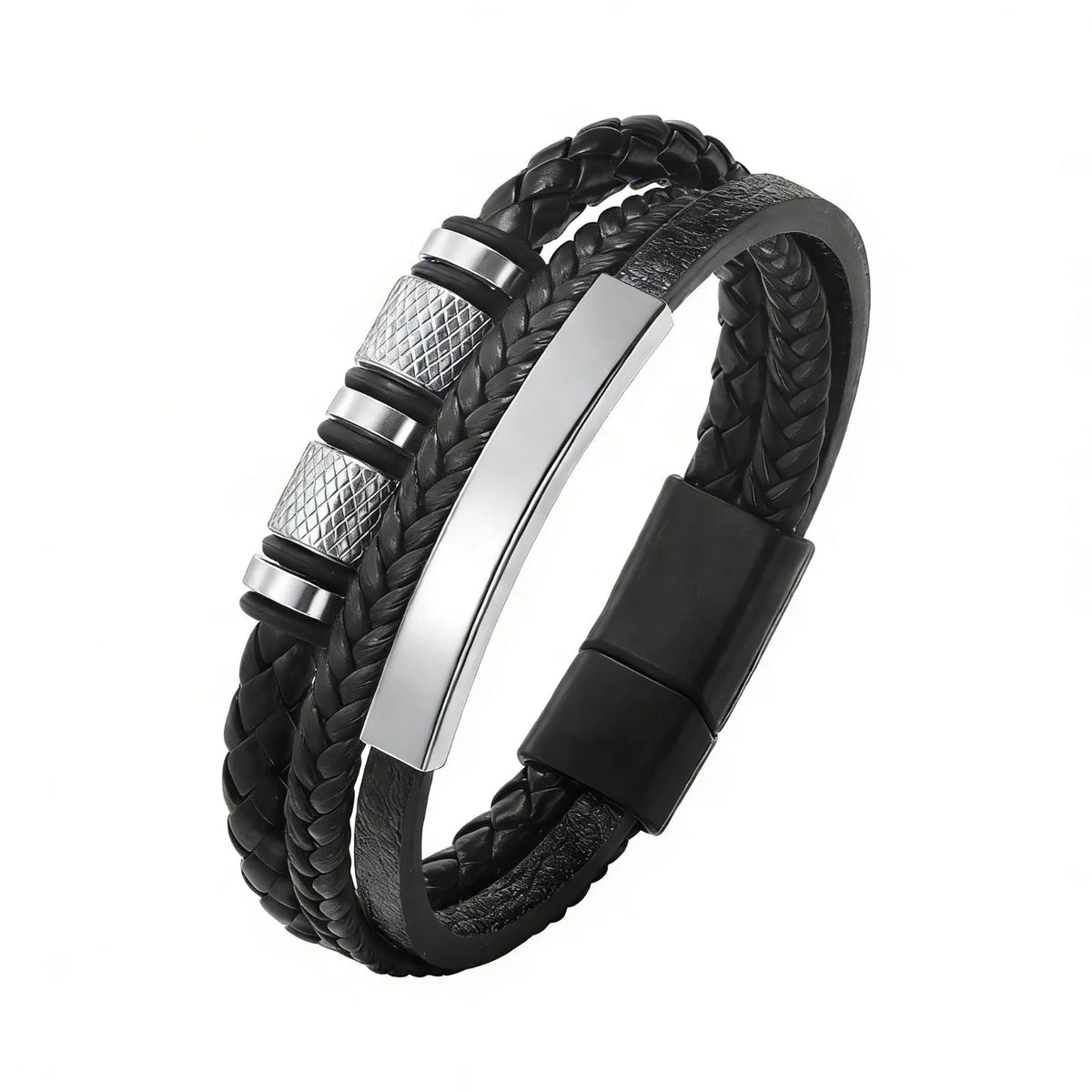 Schwarzes geflochtenes Lederarmband mit silbernen Akzenten und schwarzem Band.