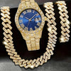 Gold-toned wristwatch and matching hip hop chain necklace set displayed on a dark background
