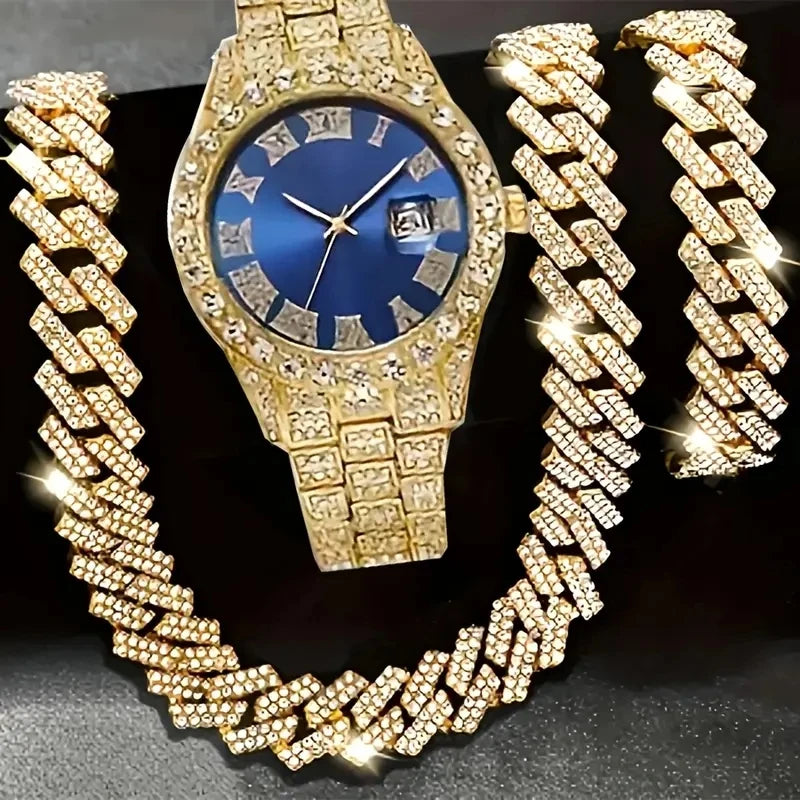 Gold-toned wristwatch and matching hip hop chain necklace set displayed on a dark background